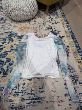 FP Movement by Free People White Top with Pastel Tie-Dye Long Sleeves